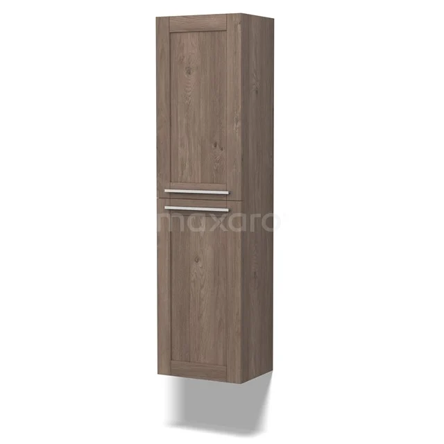 Hoher Badschrank Holzoptik mit Doppeltüren, Wandmodell, praktischer Stauraum, ideal für moderne Badezimmergestaltung.