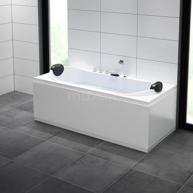 Weiße rechteckige Badewanne mit schwarzem Kopfkissen, straffes Design und komfortabel für moderne Bäder.