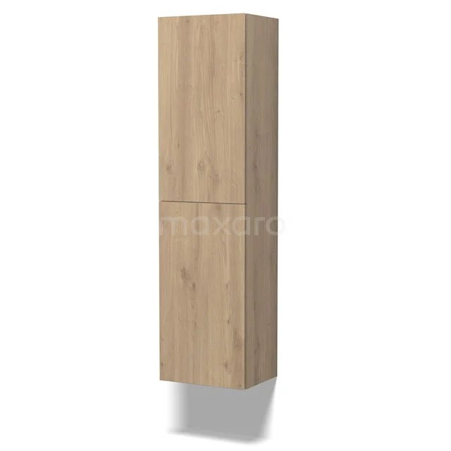 Hoher Holz-Badschrank mit zwei Türen, natürliche Holzoptik, ideal für Stauraum in einem modernen Badezimmer.