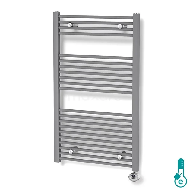 Grey ladder-shaped towel radiator made of metal, ideal for warmth and storage space in modern bathrooms.