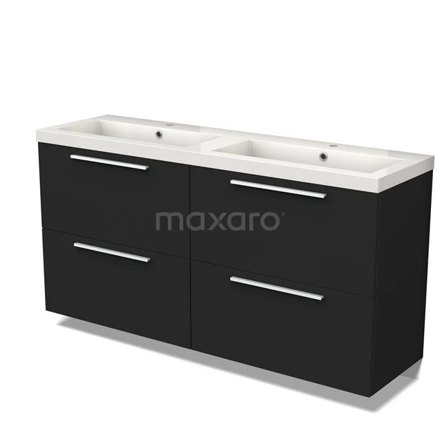 Zwarte dubbele wastafelonderkast met witte keramische wastafel, modern design, perfect voor een stijlvolle badkamer.