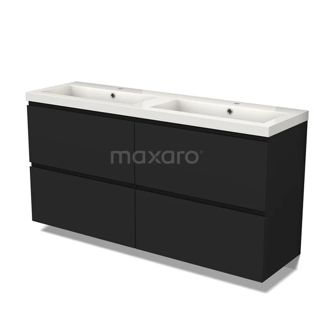 Zwarte dubbele wastafelmeubel met vier lades, modern design, ideaal voor luxe badkamerinterieurs.