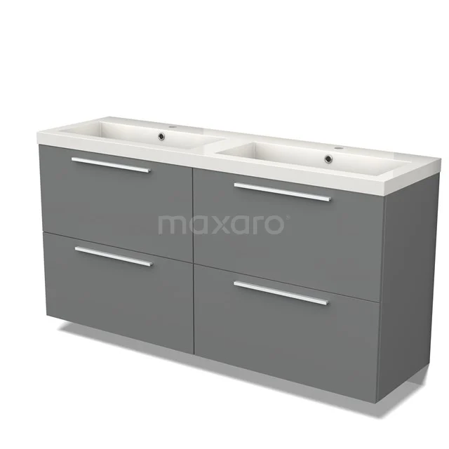 Grey vanity unit with double basin, minimalist design, soft-close drawers, ideal for spacious and modern bathrooms.