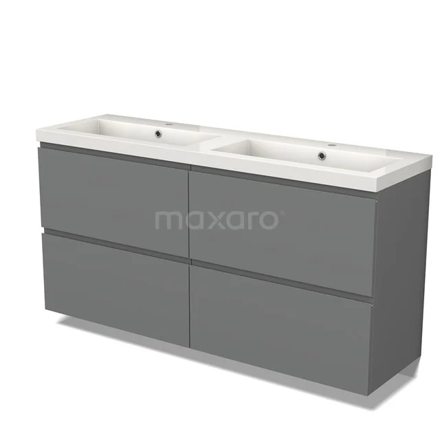 Grijze dubbele wastafel met ladekast, modern badkamermeubel, strak design, voorzien van keramische wastafel en soft-close lades.