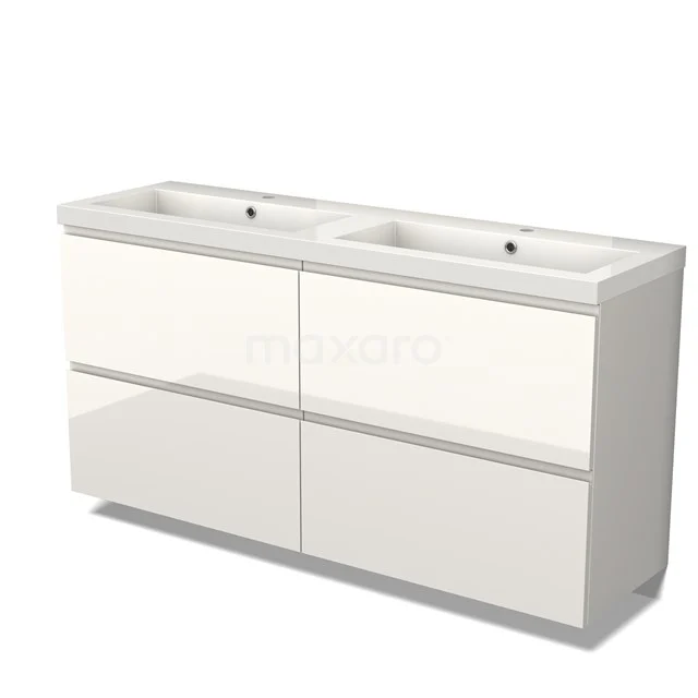 Witte dubbele wastafelset met glanzende lades, modern ontwerp, perfect voor stijlvolle badkameropslag.