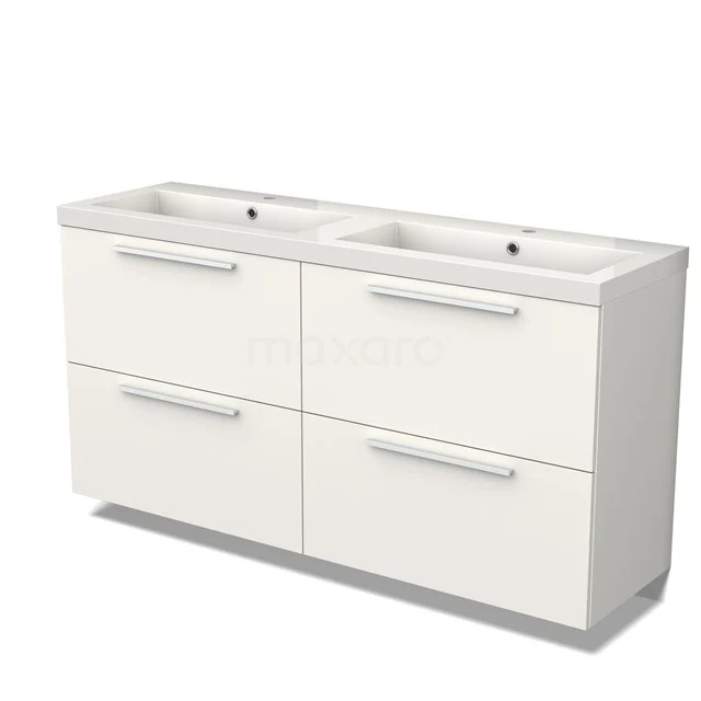 Wit dubbel badkamermeubel met vier lades en porseleinen wastafel, modern design, geschikt voor ruime badkamers.