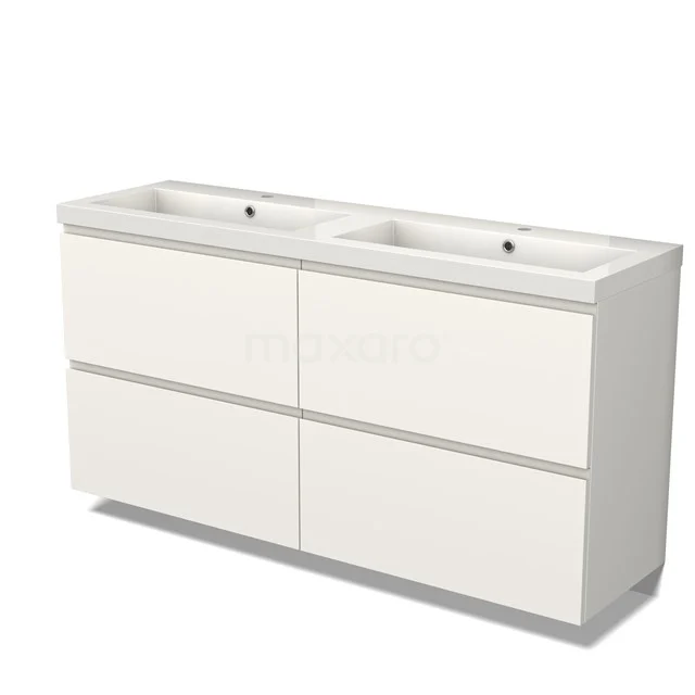 Witte dubbele wastafelmeubel met keramische spoelbak en minimalistisch design, ideaal voor moderne badkamerinrichting.