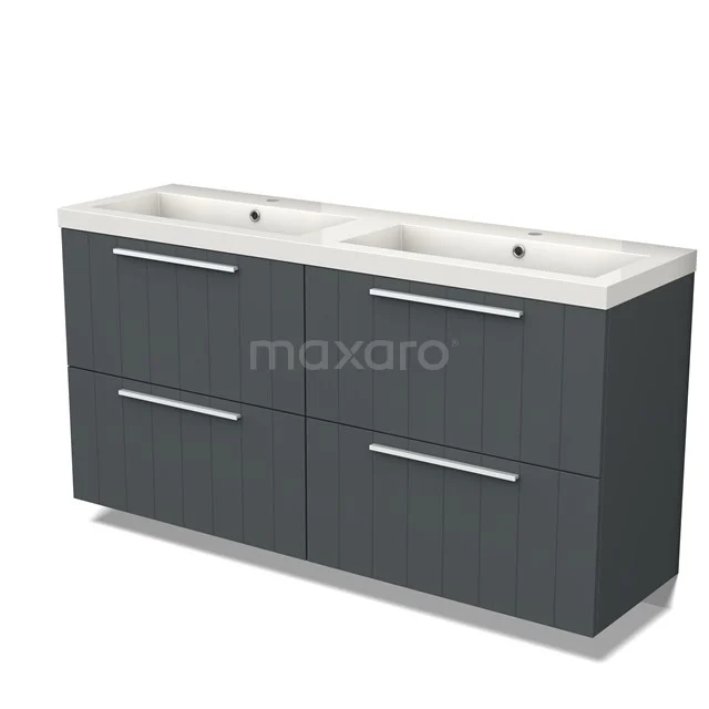 Dark grey bathroom furniture set with double basin, modern design and four drawers for ample storage space.