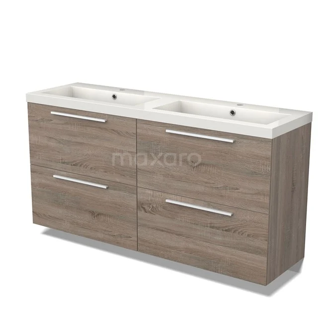 Houten badkamermeubel met dubbele wastafel, 4 laden en moderne handgrepen, ideaal voor een stijlvolle en functionele badkamer.