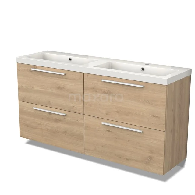 Modulo Bathroom furniture with sink | 160 cm Light brown oak Flat front Mineral marble 4 high drawers BMW14-00471 Wooden bathroom unit with double white ceramic vanity units with basin, four spacious drawers and modern design.