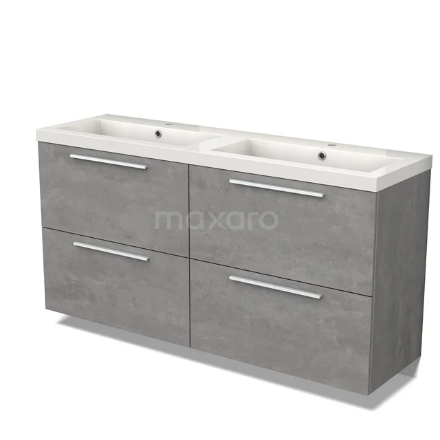 Bathroom unit in grey with double basin, four drawers and chrome handles, finished in concrete look.