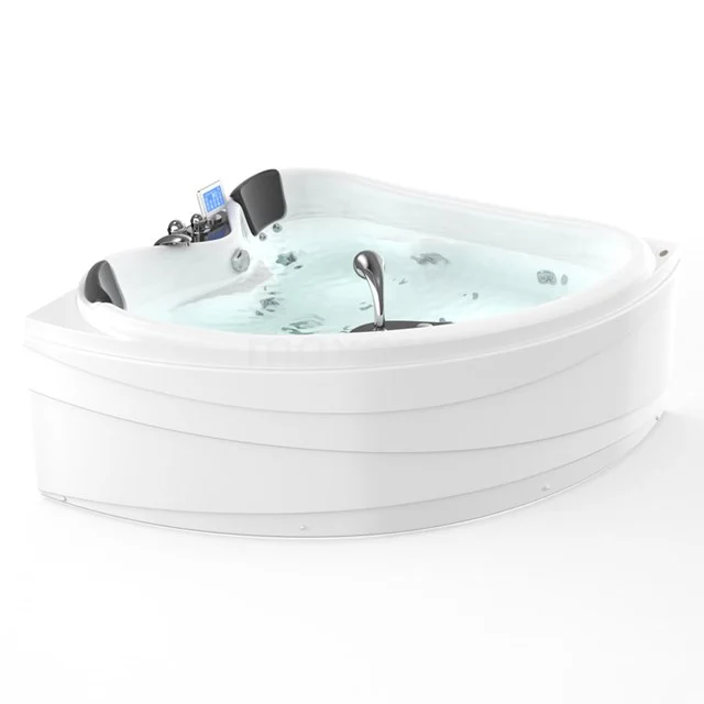 Whirlpool Bad Reef Silver 2-Personen 150x150cm Wassermassage W026-154CM Eckbadewanne aus Acryl mit Massage-Düsen, schwarzen Kopfstützen und integrierter Wasserfall, ideal für luxuriöse Badezimmerentspannung.