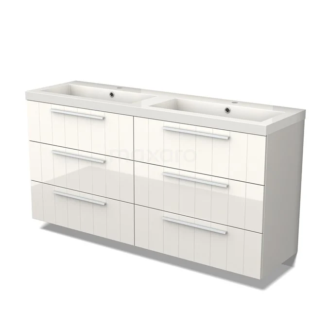 Double white bathroom furniture set with six drawers, modern design, suitable for a spacious bathroom, with chrome handles.