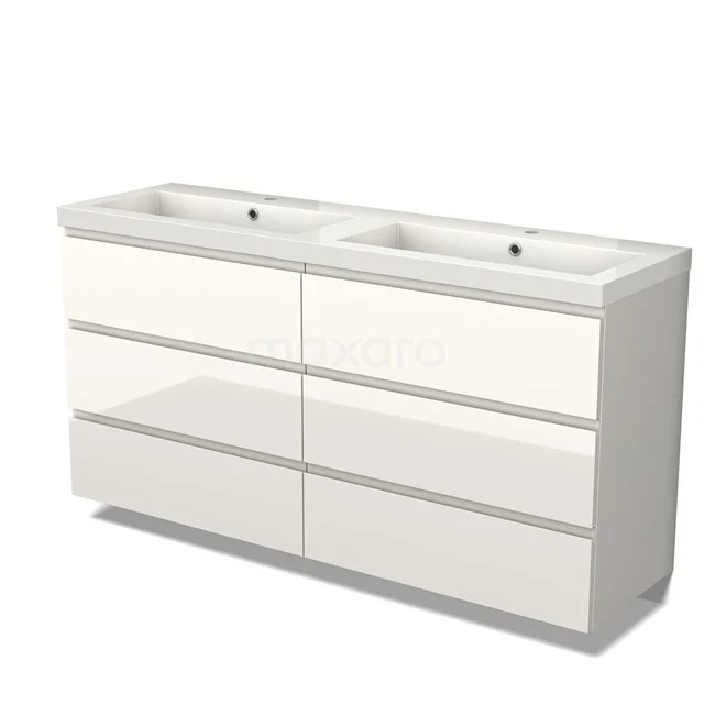 Badmöbel 160cm Modulo Hochglanz Weiß 6 Schubladen Griffloses Waschbecken Mineralguss BMW20-00009 Doppelwaschbecken Möbel weiß hochglänzend, moderne klare Linien, ideal für eine stilvolle und geräumige Badezimmergestaltung.