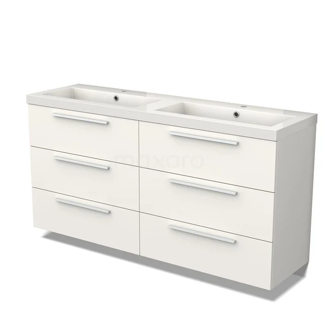 Weißes Doppel-Badmöbel mit sechs Schubladen, schlichten Haltegriffen und keramischem Waschbecken; modernes Design, ideal für das Badezimmer.