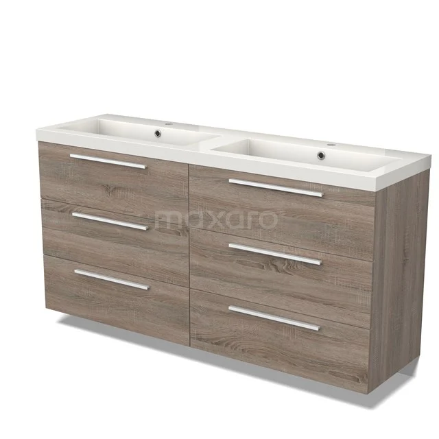 Hölzernes Badezimmermöbel mit Doppelwaschbecken, sechs Schubladen und modernen Haltegriffen, ideal für zusätzlichen Stauraum im Badezimmer.
