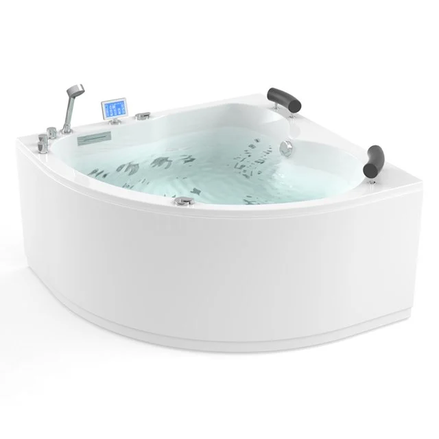 Eckwhirlpool mit weißer Acrylwanne, integrierten Massage-Düsen und komfortablen Kopfstützen, ideal für luxuriöse Bäder.