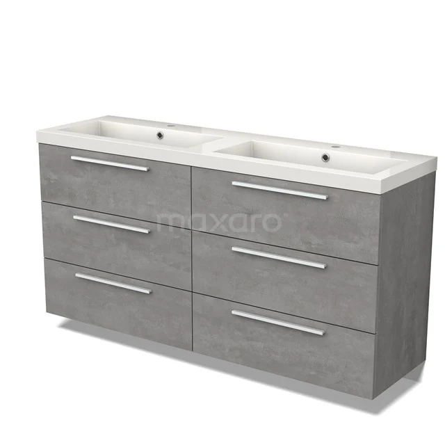 Badmöbel 160cm Modulo hellgrauer Beton 6 Schubladen Flaches Waschbecken Mineralguss BMW20-00031 Graue Badmöbelset mit Doppelwaschbecken, Holzstruktur, sechs Schubladen und verchromten Haltegriffen, ideal für moderne Bäder.
