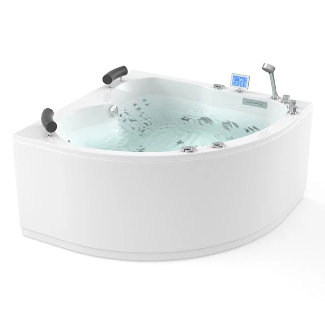 Whirlpool Bad Atlantic Platinum 2-Personen links 140x140cm Wasser- und Luftmassage mit Turbo W03014EL Eckbadewanne mit weißer Acryloberfläche, Hydrodüsen und ergonomischen Kopfstützen, ideal für eine luxuriöse Badezimmerentspannung.