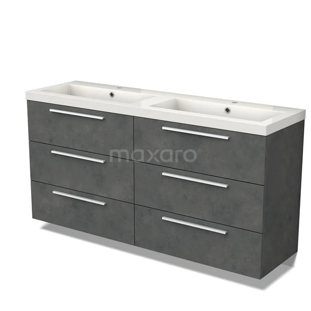 Double basin vanity unit in grey with six drawers, concrete-look finish and white ceramic sinks, ideal for modern bathrooms.