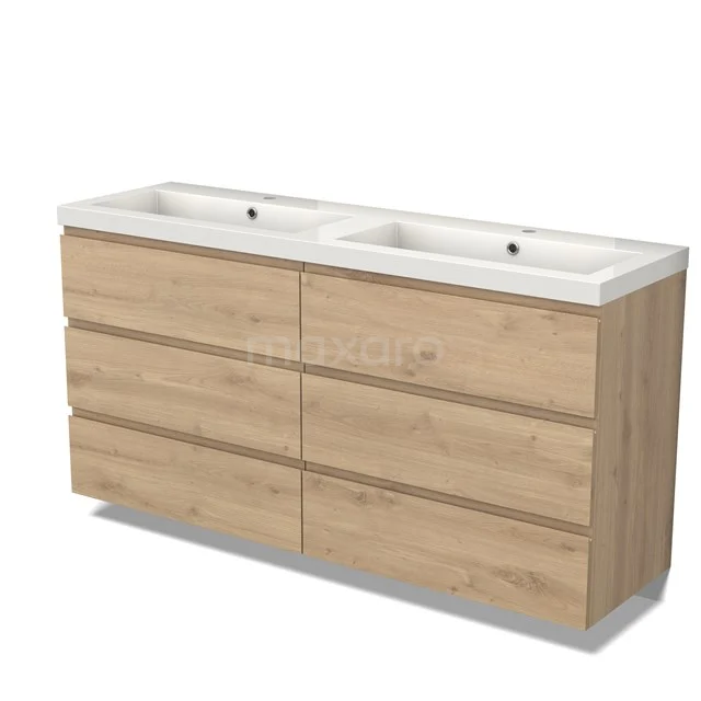 Modulo Waschtische | 160 cm Hellbraune Eiche Grifflos front Mineralguss 6 Schubladen BMW20-00033 Holz-Badmöbel mit doppeltem weißen Waschbecken, sechs Schubladen und modernem Design, ideal als stilvoller Stauraum für das Badezimmer.