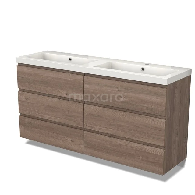 Holz Badezimmermöbel mit doppeltem Waschbecken, moderne Ausführung, sechs Schubladen, warm braune Holzfarbe, ideal für Badezimmerlagerung.