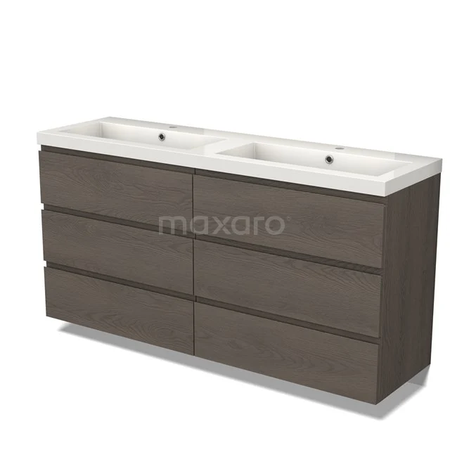 Double basin with dark wood cabinet, six drawers and ceramic unit with basin, perfect for a modern bathroom design.