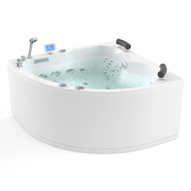 Whirlpool Bad Atlantic Platinum 2-Personen rechts 140x140cm Wasser- und Luftmassage mit Turbo W03014ER Eckförmige weiße Whirlpool-Badewanne mit Massage-Düsen, schwarzer Kopfstütze und digitalem Bildschirm, perfekt für luxuriösen Badezimmerkomfort.