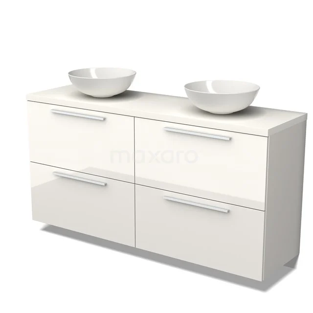 Weiße Hochglanz-Badmöbel mit Doppelwaschbecken, modernes Design und vier breite Schubladen für optimalen Stauraum.