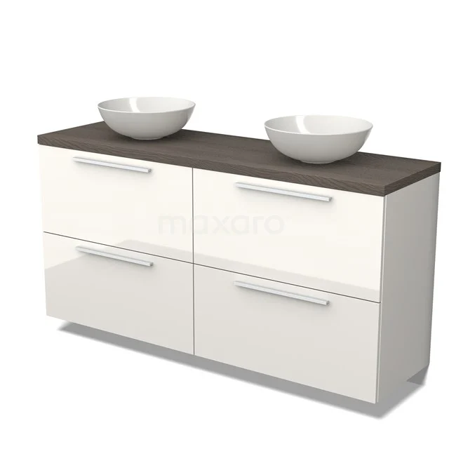 Badmöbel für Waschtischunterschrank mit Konsole 160cm Modulo Plato Hochglanz Weiß 4 hohe Schubladen Flach dunkelbraune Eiche Platte BMK14-00497 Weißes schwebendes Badezimmermöbel mit Doppelwaschbecken, Holzplatte und modernen Schubladen mit chromatischen Haltegriffen.