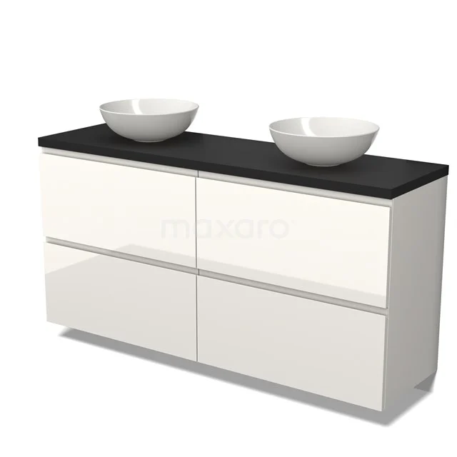 Badmöbel für Waschtischunterschrank mit Konsole 160cm Modulo Plato Hochglanz Weiß 4 hohe Schubladen Grifflos Matt Schwarz Platte BMK14-00505 Weißes Badmöbel mit Hochglanz-Finish, schwarzer Waschtischplatte und zwei runden Aufsatzwaschbecken, modernes Design.