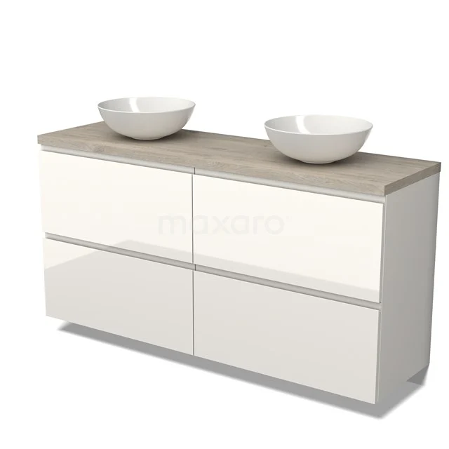 Weiß glänzendes Badmöbel mit zwei Aufsatzwaschbecken und einer Holzoptik Platte, moderner Stil, perfekt für ein luxuriöses Badezimmer.