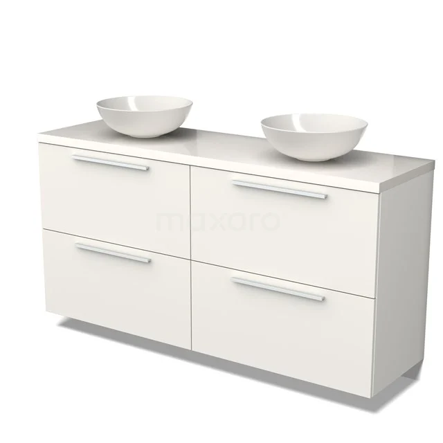 Modulo Plato Badmöbel mit Aufsatzwaschbecken | 160 cm Matt Weiß Flach front Hochglanz Weiß blatt 4 hohe Schubladen BMK14-00513 Weißes Badezimmermöbel mit Doppelwaschbecken, vier Schubladen und schlichten Haltegriffen, ideal für moderne Bäder.