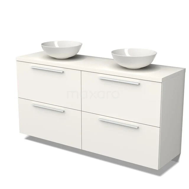 Weißes Badezimmermöbel mit doppelten Aufsatzwaschbecken, vier Schubladen und schlichten Haltegriffen, ideal für moderne Badezimmergestaltung.