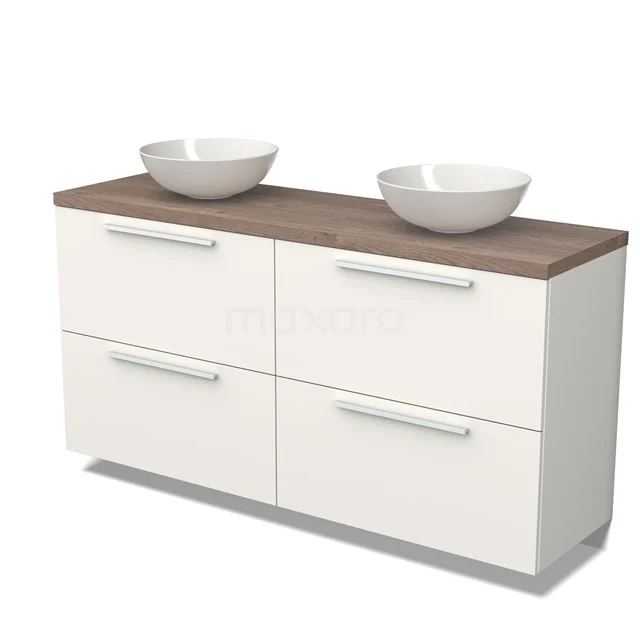 Weiße Doppel-Waschtisch mit Holzlook Platte, modernes Design, 4 Schubladen, ideal für eine stilvolle Badezimmerrenovierung.