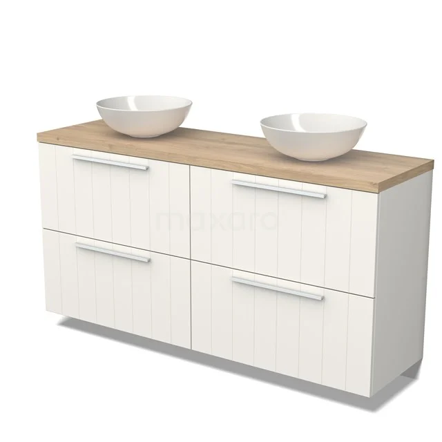 Weiße Badmöbelset mit Holzoptik Platte, vier Schubladen und doppelten Aufsatzwaschbecken, ideal für moderne Badezimmergestaltung.