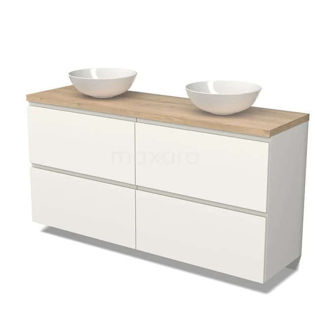 Wit badkamermeubel met dubbele waskom, houtlook bovenblad en vier lades, perfect voor moderne badkamerinrichting.
