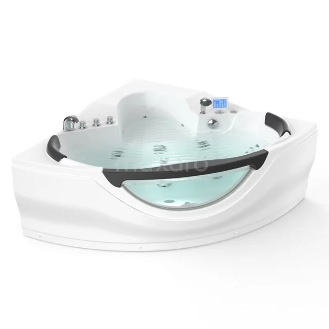 Corner bath with white acrylic tub, black accent and built-in jacuzzi function for luxurious relaxation in the bathroom.