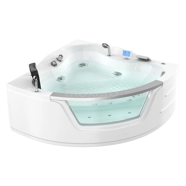 Corner bath with hydromassage function, white acrylic finish, glass panel and built-in digital screen for luxurious bathroom experience.