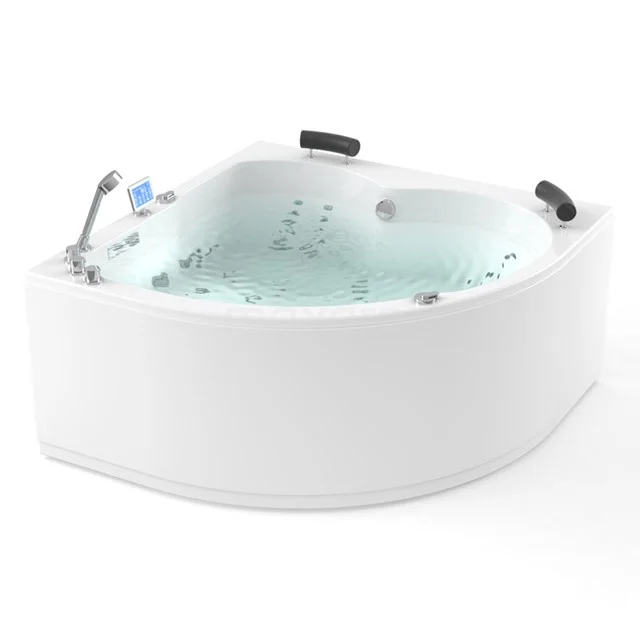 Eckbadewanne mit Hydromassage, glänzend weißes Acryl, modernes Design. Perfekt zur Entspannung in einem wellness-inspirierten Badezimmer.