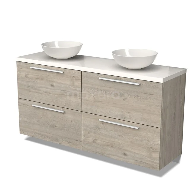 Holz-Badmöbel mit doppeltem Waschbecken, heller Eiche-Optik, vier Schubladen und metallischen Haltegriffen, ideal für ein modernes Badezimmer.