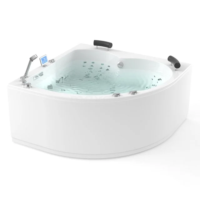 Eckbadewanne mit Hydromassage, weiß, modernes Design, einschließlich bequemer Kopfstützen und digitaler Steuerung für luxuriöse Badezimmererfahrung.