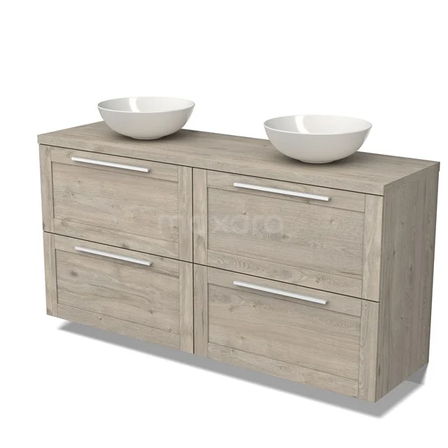 Wooden bathroom unit with double sink, four drawers and silver handles, ideal for modern bathroom storage.
