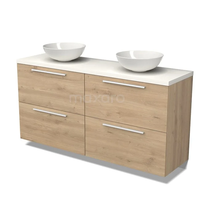 Holz-Badmöbel mit Doppelwaschbecken, hellen Eichen-Finish und modernen Schubladen, ideal für ein stilvolles Badezimmer.