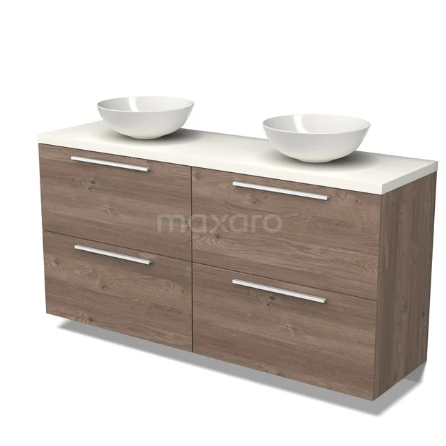 Modulo Plato Badmöbel mit Aufsatzwaschbecken | 160 cm Mittelbraune Eiche Flach front Matt Weiß blatt 4 hohe Schubladen BMK14-00619 Badmöbel mit doppeltem Aufsatzwaschbecken, Holzoptik mit vier Schubladen, modernes Design und weißer Platte; ideal für ein stilvolles Badezimmer.