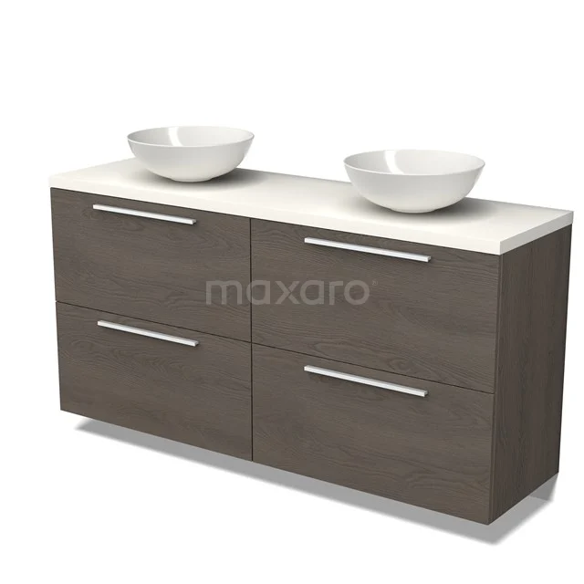 Dark wood bathroom furniture set with double countertop wash basin, modern drawers and white top, perfect for a stylish bathroom.