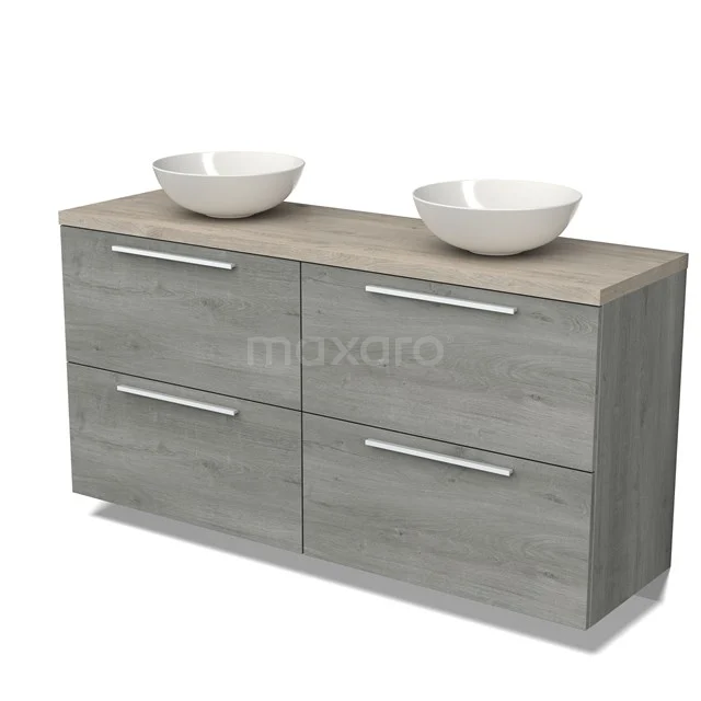 Modulo Plato Vanity units for countertop basin | 160 cm Grey oak Flat front Light grey oak worktop 4 high drawers BMK14-00648 Grey oak bathroom unit with double countertop wash basins and four handleless drawers, modern design.
