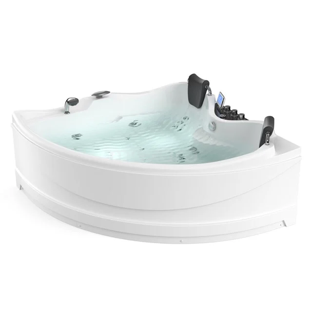 Corner bath with whirlpool function, white acrylic, LED lighting and massage jets, ideal for luxurious relaxation in the bathroom.
