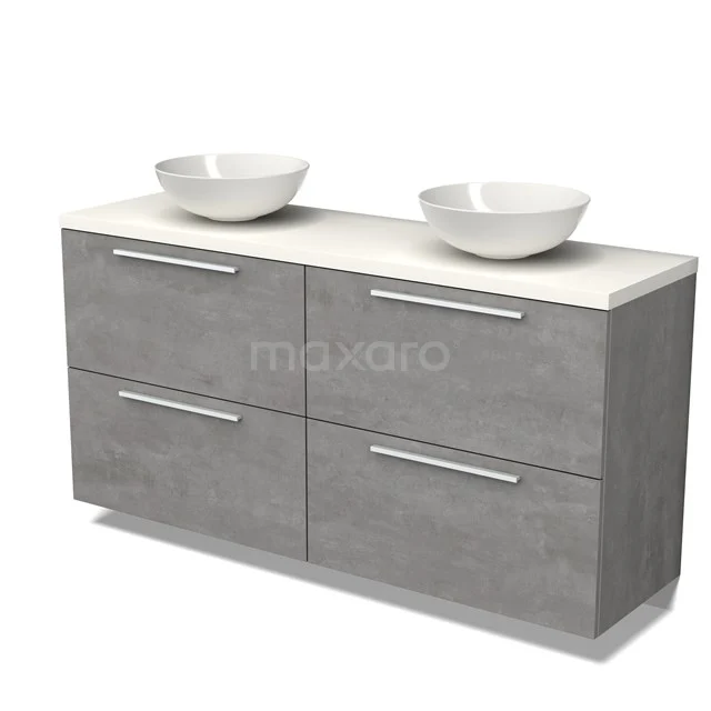 Grauer Holz-Badschrank mit doppelten weißen Aufsatzwaschbecken, modernen Haltegriffen und einem minimalistischen Design für ein stilvolles Badezimmer.