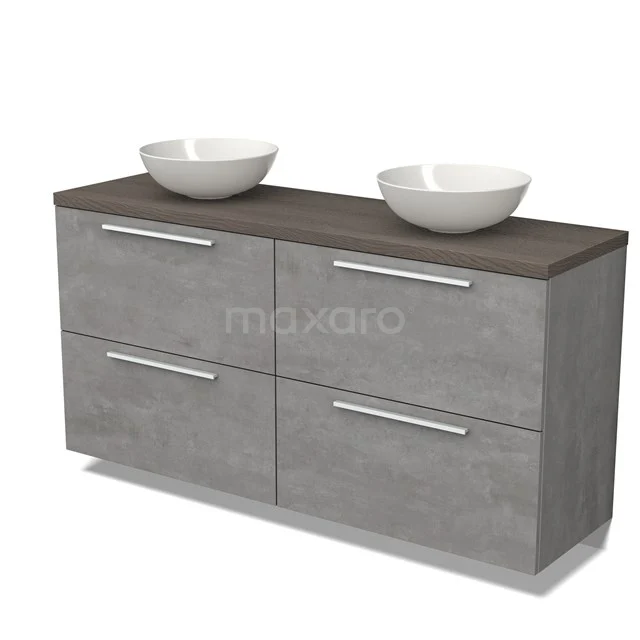 Modulo Plato Badmöbel mit Aufsatzwaschbecken | 160 cm Hellgrauer Beton Flach front Dunkelbraune Eiche blatt 4 hohe Schubladen BMK14-00665 Graue Badmöbelset mit doppelter Waschtischplatte, weißen Aufsatzwaschbecken und Betonlook-Oberfläche für einen modernen Badezimmerstil.